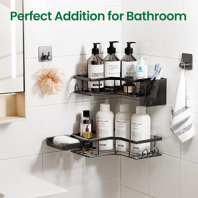 Adhesive Shower Caddy, 2 Pack Corner Bath Organizer, Rustproof Stainless Steel Shower Shelves with Large Capacity, No Drilling Shelves for Bathroom Storage, Home, Kitchen Décor - Image 7