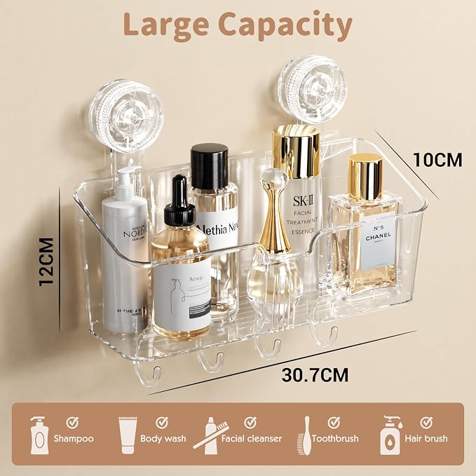 LUXEAR Clear Shower Caddy Suction Cup, No Drilling Removable Shower Shelf, Max Hold 22lbs Suction Bathroom Caddy, One Second Installation Waterproof Suction Shower Organizer for Bathroom Kitchen - Image 4