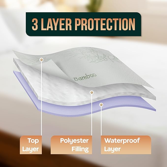 Waterproof Mattress Protector Cover- Bamboo Viscose 260 GSM mattress cover, Breathable, Noiseless, Fitted style, Fits upto 15 Inches deep mattress (Twin)