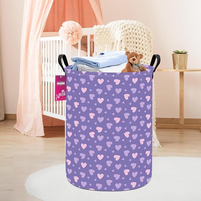 Laundry Hamper Large Canvas Fabric Lightweight Storage Basket/Toy Organizer/Dirty Clothes Collapsible Waterproof for College Dorms, Boys and Girls Bedroom,Bathroom(Purple hearts) - Image 3