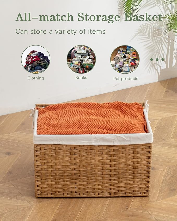 SETVSON Storage Basket with Lid Rattan Woven Storage Baskets with 2 Separate Lids, 17.2 Gallon (65 L), 22 x 13 x 13.8 Inches,Foldable, 2 Removable Liner Bags Handles for Bedroom, Laundry Room Natural - Image 5