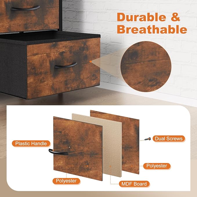 Sweetcrispy Dresser for Bedroom with 6 Storage Drawers, Fabric Storage Tower Organizer, Chest of Drawers with Metal Frame Wooden Top for Closet, Living Room, Entryway, Rust Brown