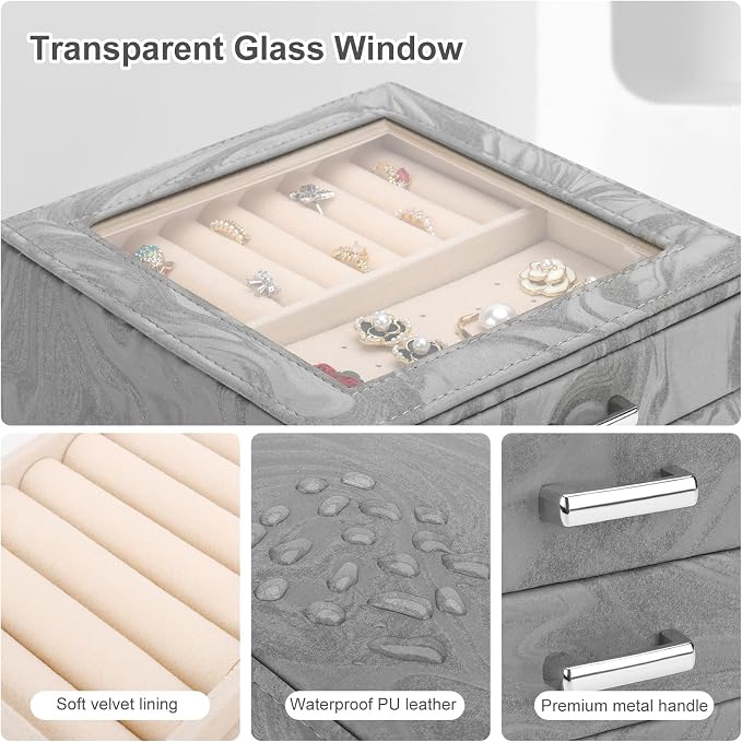 DesignSter Jewelry Box Organizer, Jewelry Box for Women, PU Jewelry Organizer Display Case with Side Drawers, Jewelry Storage for Earring Necklace Ring Bracelet Watch - Image 4
