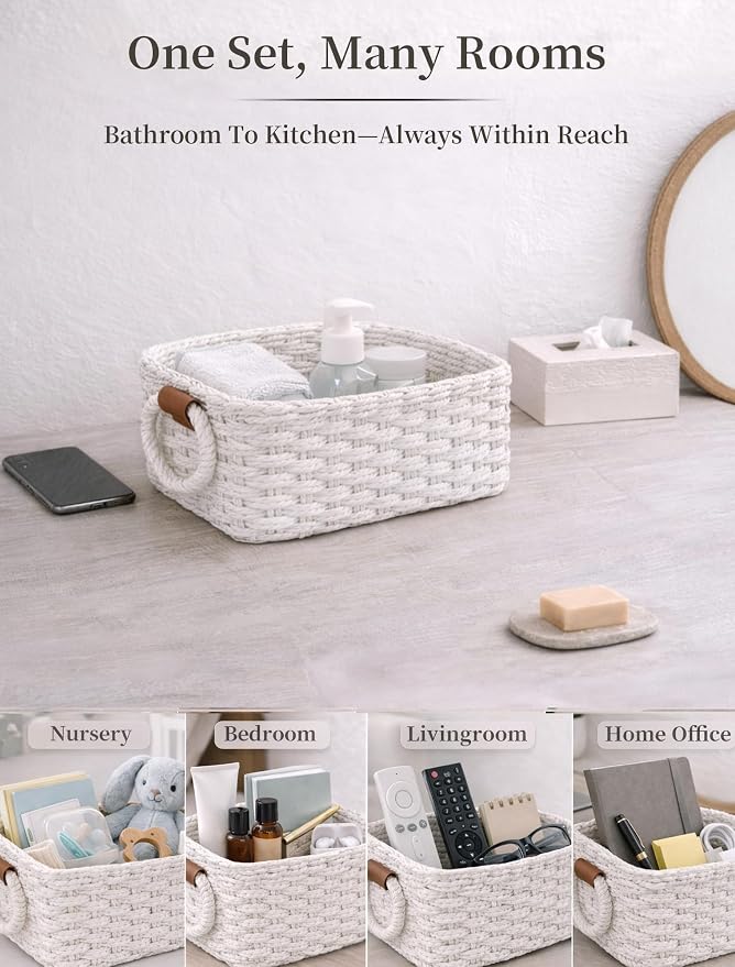Storage Basket, Recycled Paper Rope Bathroom Basket Organizer, 3Pcs Small Baskets for Organizing, Mini wicker Basket for Decorative Storage Bins, Shelves, Bathroom, Cabinet - White - Image 6