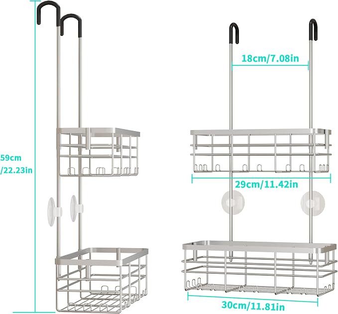 HapiRm Hanging Shower Caddy Organizer - No Drilling Shower Organizer with Hooks, Rustproof & Waterproof 304 Stainless Steel Bathroom Shelves - Silver - Image 7
