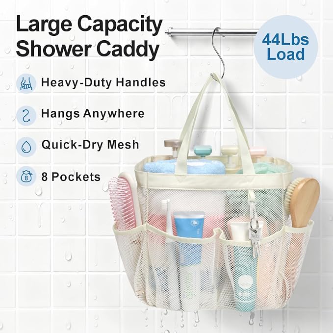 F-color Mesh Shower Caddy Portable, Upgrade Deeper 7 Pockets Shower Bag Basket Tote for College Dorm Room Toiletry Bathroom Essentials Gym Camp Quick Dry 2 handles with S Hook, Butter White - Image 3
