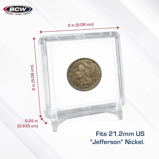 BCW 2x2 Coin Snap - 25 ct Nickel Holder | Archival Safe Coin Protector | Crystal Clear Polystyrene Coin Display Case | Ideal for US Jefferson Nickel | Coin Holders for Collectors
