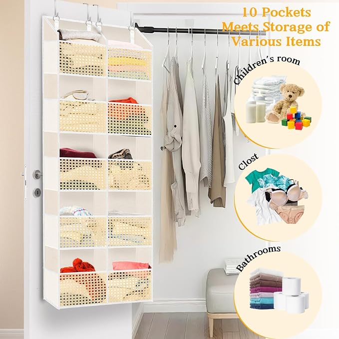 Over The Door Organizer 5 Tiers, Extra Large Behind Door Storage of 10 Compartments, 80 lbs Weight Capacity Hanging Storage Organizer with Clear Window Kids Toys, Shoes,Diapers, Braided Style - Image 6