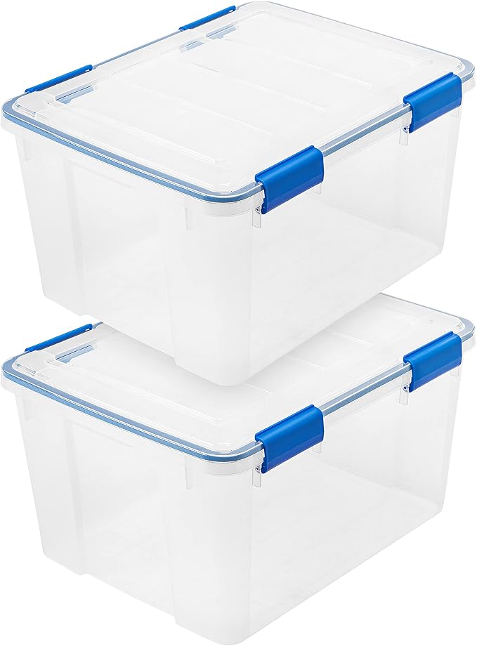 IRIS USA WeatherPro 44 Qt Storage Bins with Lids, 2 Pack, BPA-Free Plastic Gasket Box with Tight Latch and Seal, Stackable Nestable Tote Tub - Clear/Blue by IRISUSA