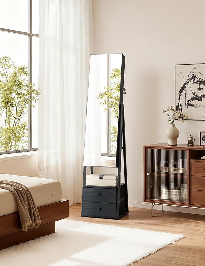 Nicetree Mirror Jewelry Cabinet Standing, Lockable Jewelry Cabinet Armoire with 2 Drawers, Full Length Mirror with Jewelry Storage, Christmas Gifts, Black - Image 5