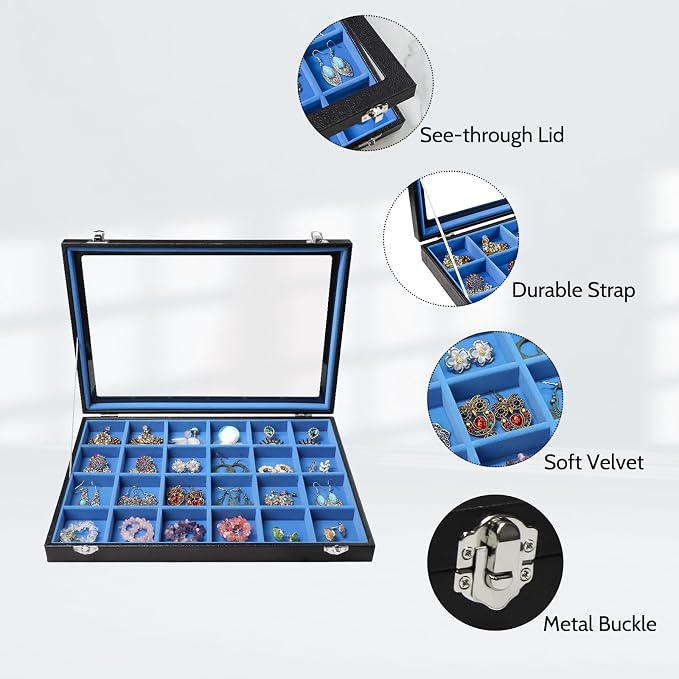 Stratalife Earring Organizer Jewelry Tray with See-through Lid Jewelry Holder Organizer Jewelry Organizer Box Jewelry Storage Crystal Holder Rock Collection Box 24 Grid (Blue Black) - Image 2