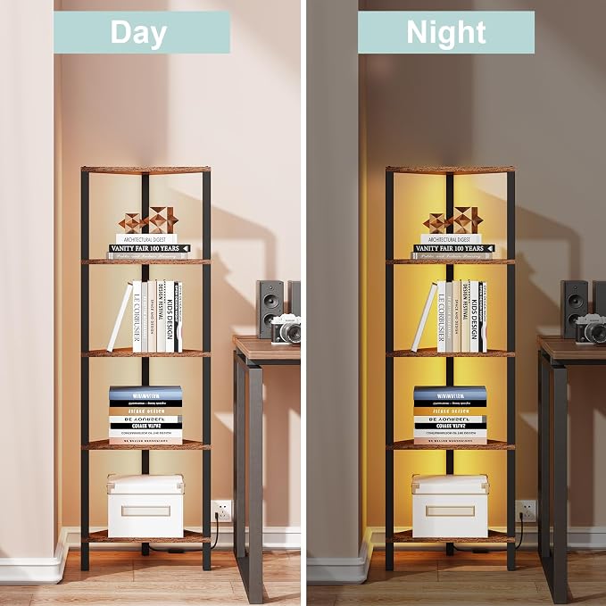 TUTOTAK Corner Shelf with LED Light, 5-Tier Corner Bookshelf for Small Space, Narrow Display Corner Shelf Stand with Storage Rack, for Living Room, Bedroom, Rustic Brown BS05BB005L - Image 5