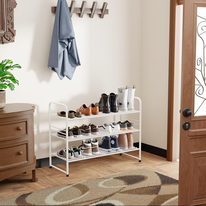 SUFAUY 3 Tier 33" Wide White Metal Shoe Rack for Closet, Stackable - Image 2