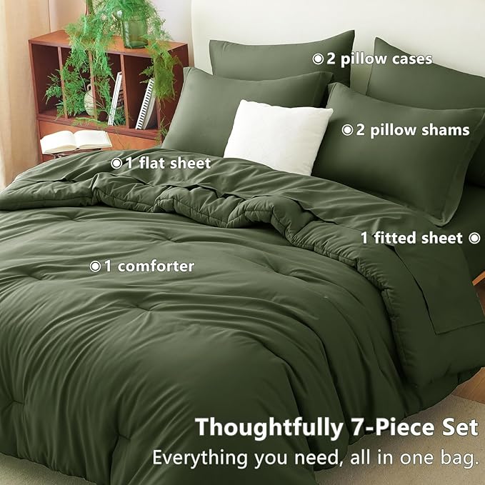 CozyLux Full Size Comforter Sets Olive Green, 7 Pieces Bed in a Bag Full Comforter Set with Sheets, Luxury Bedding Sets with Down Alternative Comforter, Fitted Sheet, Flat Sheet, Pillowcases & Shams