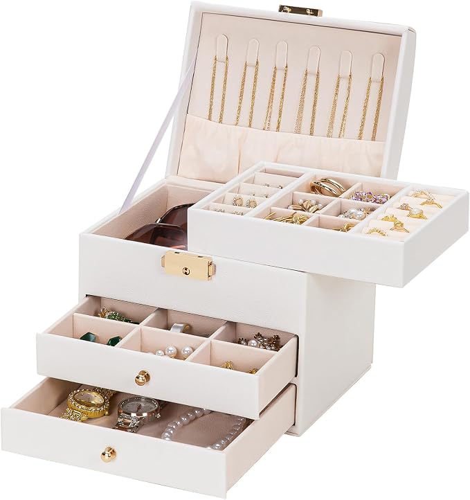 Homde Mothers Day Gifts Small Girls Jewelry Box with Lock: 3 Layer Organizer with Removable Tray - Storage for Ring Necklace Earring - Birthday & Return Gifts for Young Women (Cloud White) by Homde