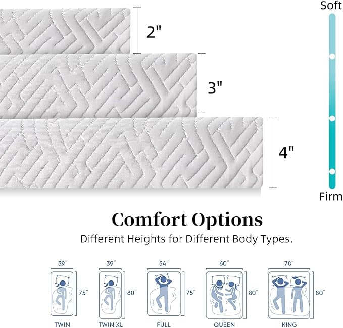 2 inch Memory Foam Mattress Topper Twin Size Bed, Gel Infused Memory Foam Mattress Pad with Cover for Back Pain Relief, 38x75 Inches