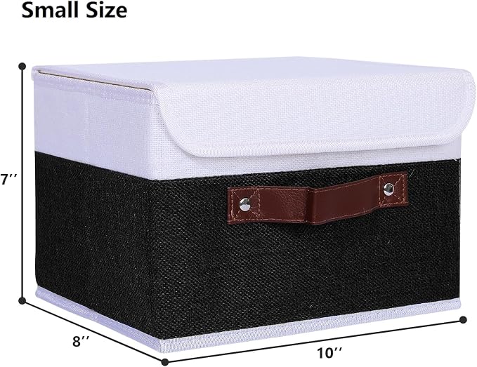 ANMINY 4PCS Storage Boxes with Lid Washable Decorative Storage Bins Basket with PU Leather Handle Foldable Linen Fabric Storage Cubes Containers for Home Closet Organizer - Black White, Small Size - Image 5