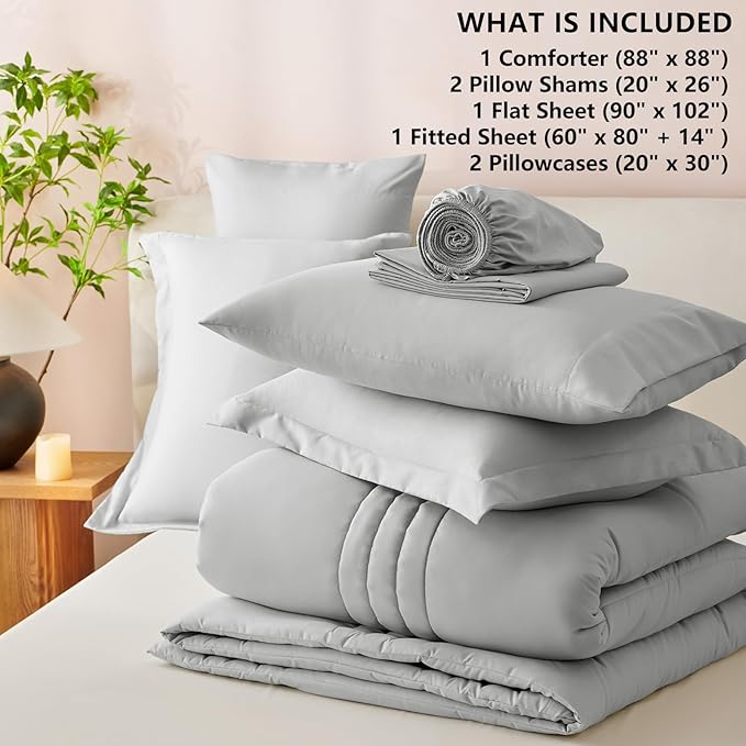 CozyLux Queen Comforter Set - 7 Pieces Bed in a Bag Light Grey Comforter Set with Sheets Luxury Bed Set All Seasons, Soft Bedding Set with Down Alternative Comforter, Sheets, Pillowcases & Shams