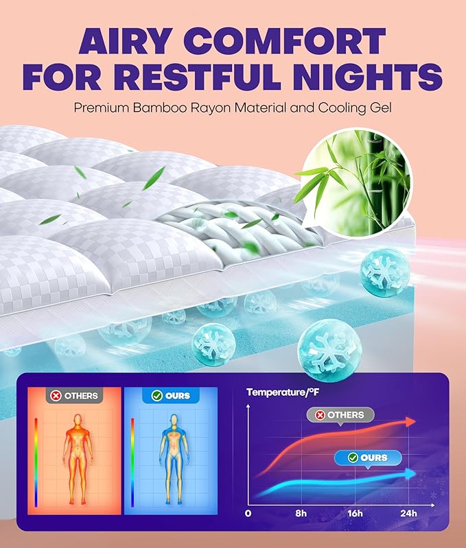 Dual Layer 4 Inch Memory Foam Mattress Topper for Pressure Relief with 4X Support, 2" Fluffy Pillow Top Queen Mattress Topper 50% Viscose Made from Bamboo Plus 2" Cooling Gel Memory Foam Mattress Pad