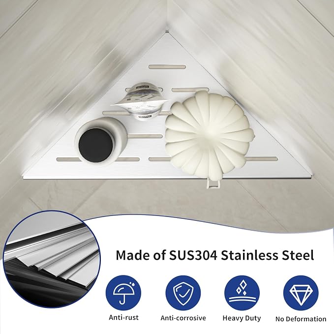 Corner Shower Shelf 10", Brushed 304 Stainless Steel Slot Design Recessed Corner Shelves Bathroom Grout in Shelf for Tiled Wall, 2 Pack - Image 5
