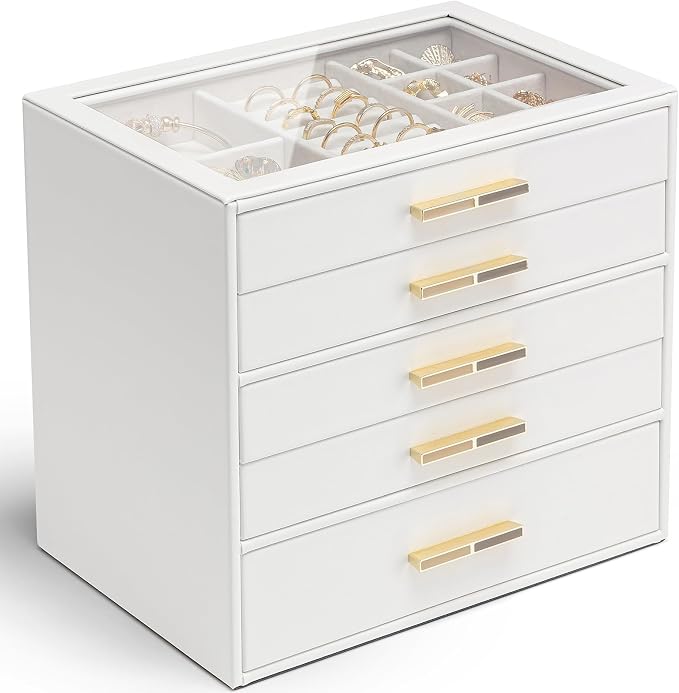 VLANDO 5 Layer Jewelry Box for Women, Glass Lid Jewelry Organizer with 5 Drawers for Necklaces Rings Earrings Bracelets - White by VLANDO