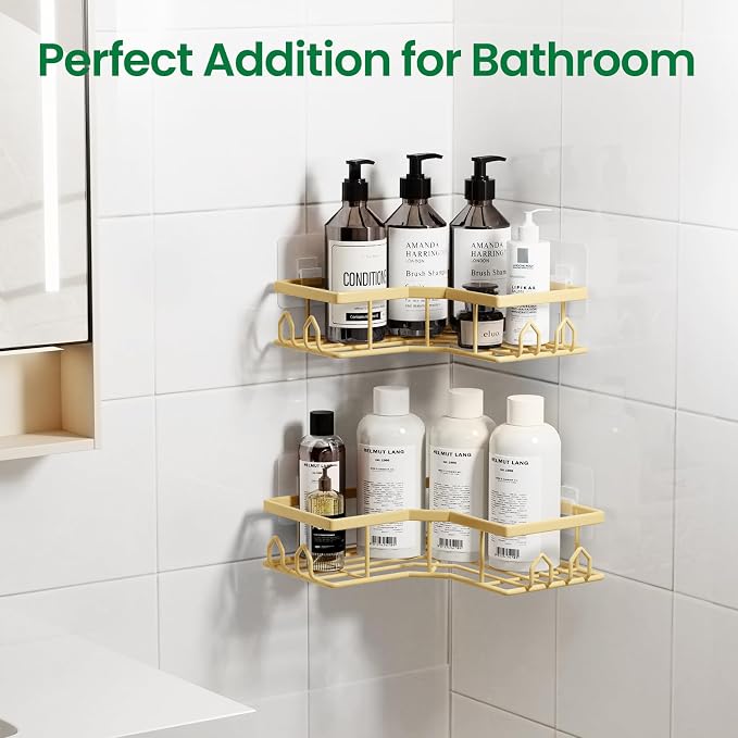 Adhesive Shower Caddy, 2 Pack Corner Bath Organizer, Rustproof Stainless Steel Shower Shelves with Large Capacity, No Drilling Shelves for Bathroom Storage, Home, Kitchen Decor (Gold). - Image 6