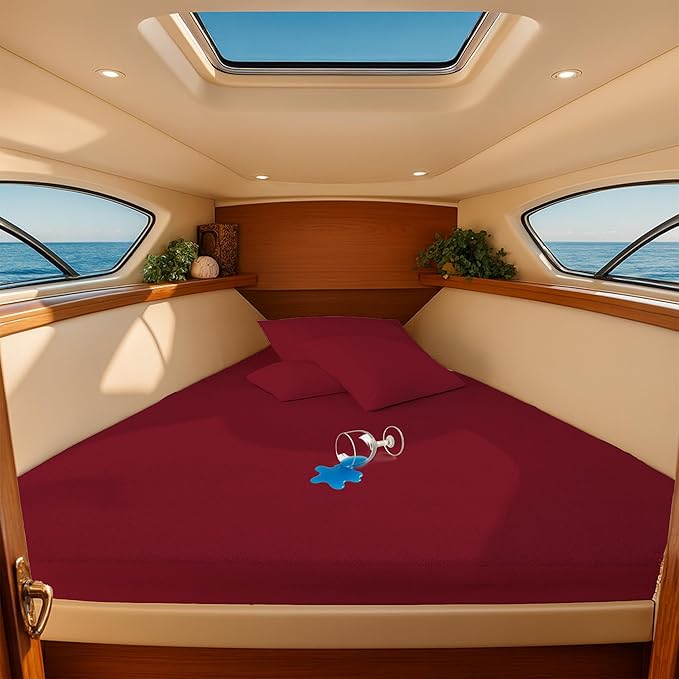 SGI Bedding Waterproof After V Berth Mattress Protector 90" Head x 60" Length x 75" Foot – 15" Deep Pocket, 360° Fitted Style Mattress Pad Cover, Soft Noiseless & Breathable Cover for Boat – Burgundy