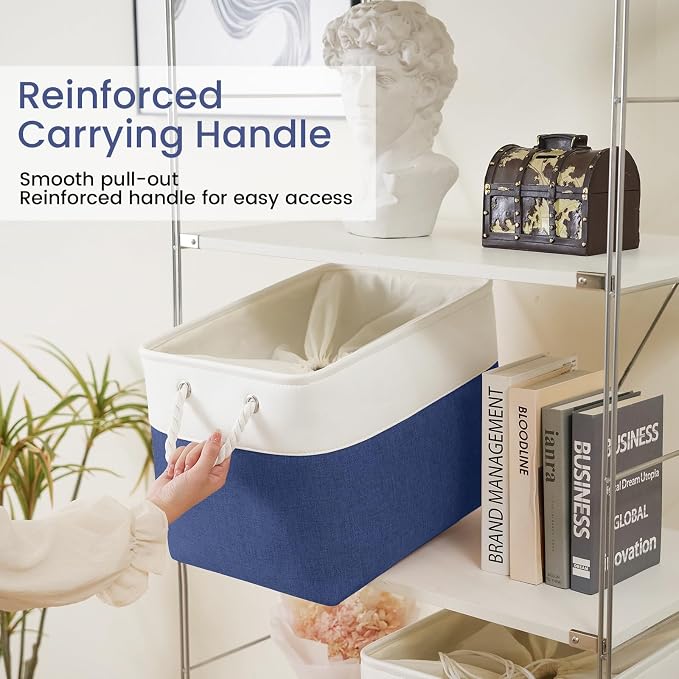 Large Storage Baskets- 16x12x12 inch Storage Bins for Shelves and Closet Organizing, Foldable Fabric Bin for Home Organization Clothes and Laundry (1-Pack, White&Blue) - Image 4