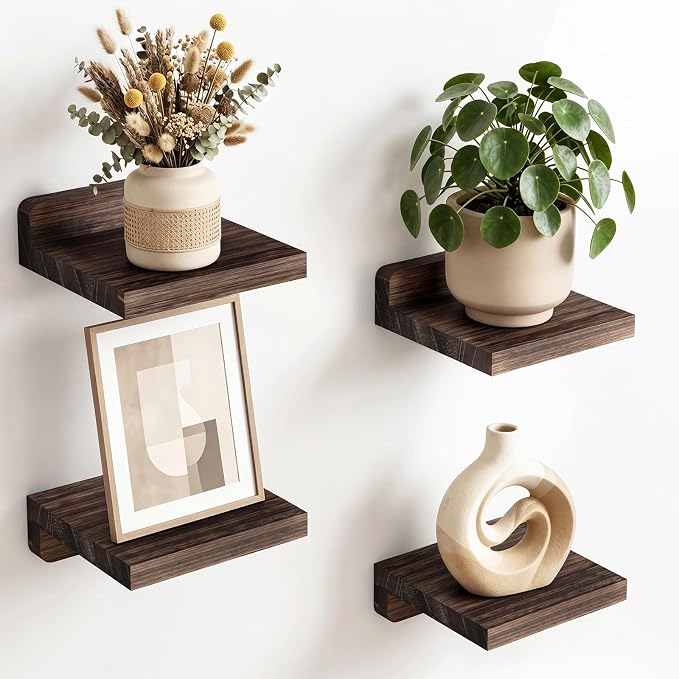 Fixwal Small Shelf for Wall, 5X5 Inches Floating Shelves Set of 4, Rustic Wood Small Wall Mounted Shelves for Bedroom, Living Room, Kitchen, Bathroom Decor (Dark Carbonized Black) by Fixwal