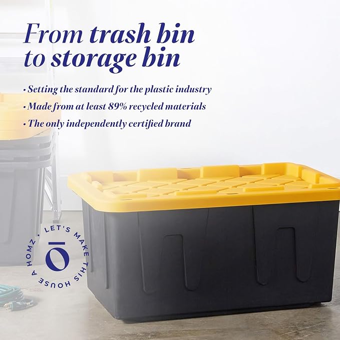 HOMZ 4-Pack Durabilt Tote, Heavy Duty Plastic Storage Bins with Lids, 34 Gallon, Black/Yellow - Stackable Organizing Containers for Home, Garage, and Office - Image 7