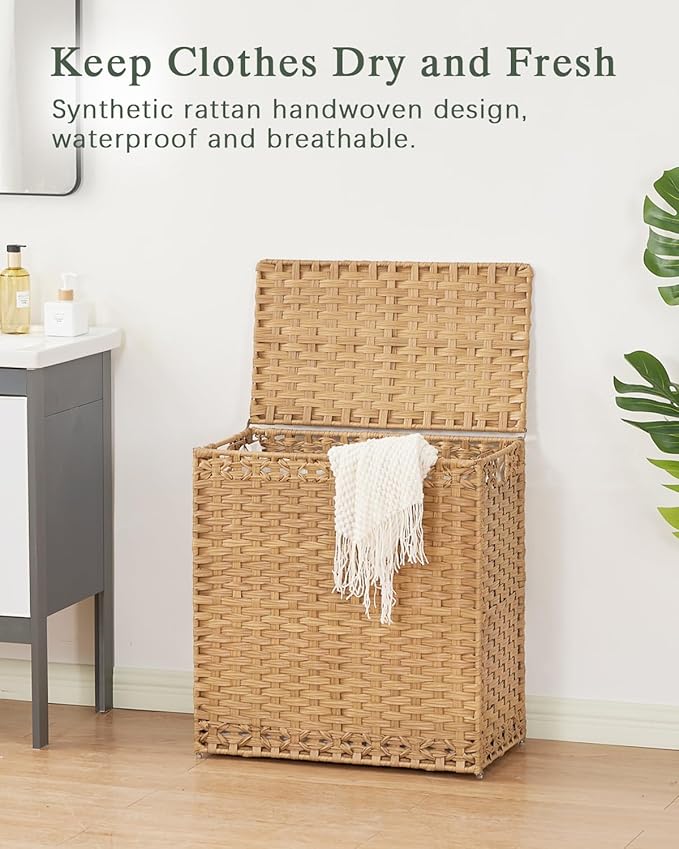SETVSON Laundry Hamper with Lid Wicker Laundry Basket 112 L (29.6 Gal) Laundry Hampers Handwoven Rattan Clothes Hamper with Handles 3 Removable Liner Bag, 6 Mesh Bags for Bathroom Bedroom Natural - Image 2