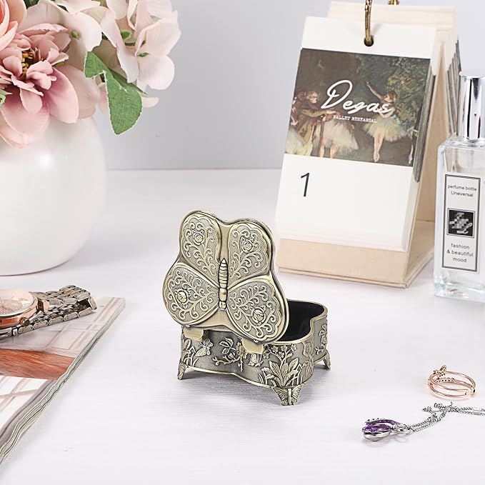 Hipiwe Butterfly Shape Jewelry Organizer Box Vintage Metal Jewelry Trinket Box Small Treasure Chest Ring Holder Earrings Necklace Storage Box Keepsake Box, Bronze - Image 6