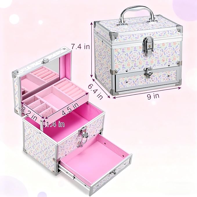 Hododou Girls Jewelry Box Organizer with Drawer & Mirror, Shiny Pink Style Lockable Storage Case for Kid or Little Girls Jewelry and Hair Accessories Lilac - Image 3