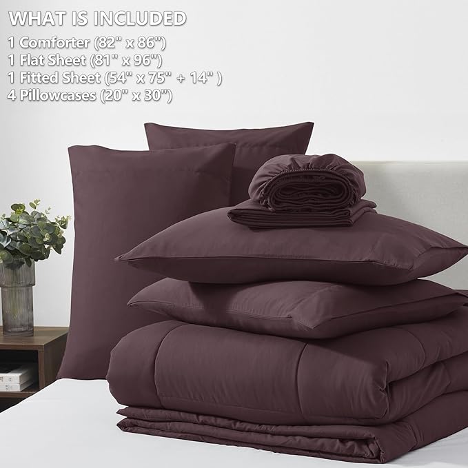 CozyLux Full Size Comforter Set Cocoa Powder, 7 Pieces Bed in a Bag, Brown Comforter Full Size, All Season Bedding Sets with Stitch Quilted Comforter, Flat Sheet, Fitted Sheet, Pillowcases