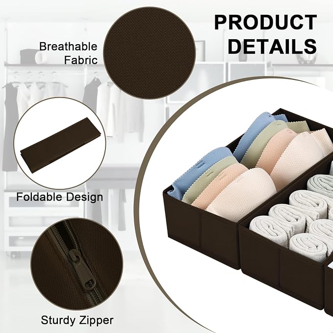 DIMJ Drawer Organizer Clothes, Underwear Drawer Organizer, Set of 4 Foldable Closet Drawer Bins, Fabric Drawer Dividers for Baby Clothes, Socks, Belt, Tie (Brown) - Image 2