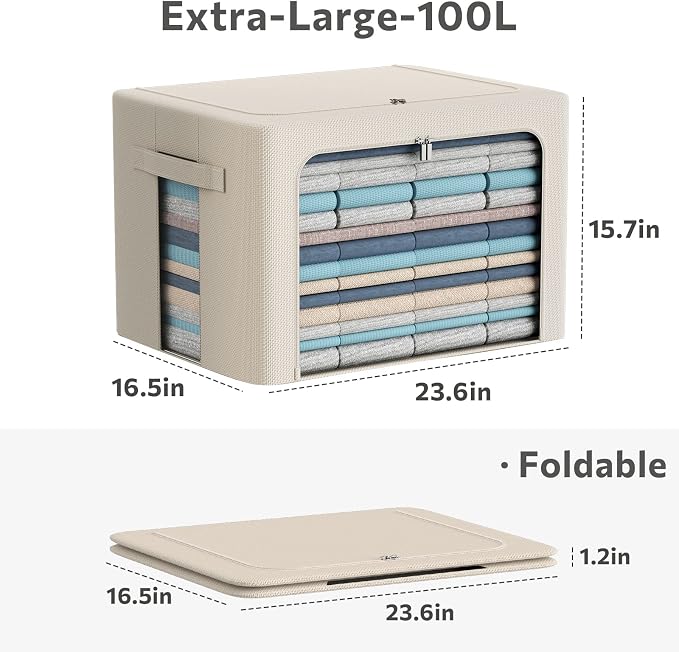 CYhom 3Pack Frame Storage Box - Clothes Storage Bin Bags Oxford Fabric Foldable Stackable Container Organizer Set with Clear Window & Carry Handles Large Capacity (Beige, Extra Large-100L) - Image 4