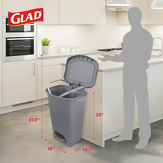 Glad Kitchen Trash Can | Large Plastic Waste Bin with Odor Protection of Lid | Hands Free with Step On Foot Pedal and Garbage Bag Rings, 13 Gallon, Grey - Image 2