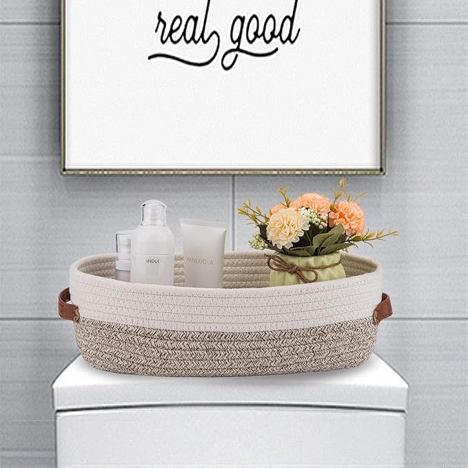 2 Pack Woven Storage Basket for Toilet Tank Top,Farmhouse Home Decor Organizing Basket for Bathroom,Table and Counter 13"x5.9"x4" Apricot Stitching White - Image 3