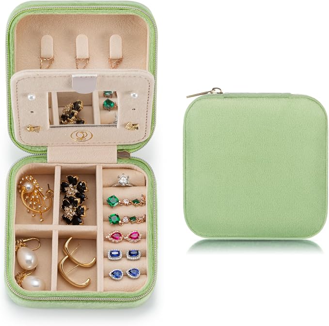 TRODANCE Plush Velvet Travel Jewelry Case Organizer, Small Travel Jewelry Box,Portable Jewelry Box Travel Mini Organizer Portable Display Storage Box For Rings Earrings Necklaces (Grass Green) by TRODANCE