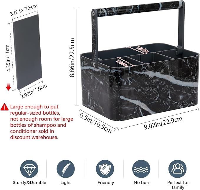 BYUNER Plastic Shower Caddy Dorm: Portable Bathroom Caddy Organizer for College with Handle and Adjustable Divider, Utility Hard Shower Basket Bath Tote for Toiletry, Shampoo, Soap (Black Marble) - Image 2