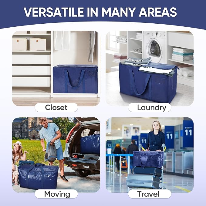 TICONN 4 Pack Extra Large Moving Bags Heavy Duty with Zippers & Carrying Handles, Durable Storage Bags Moving Boxes for Closet Organizers and Storage (4 Pack, Navy) - Image 9