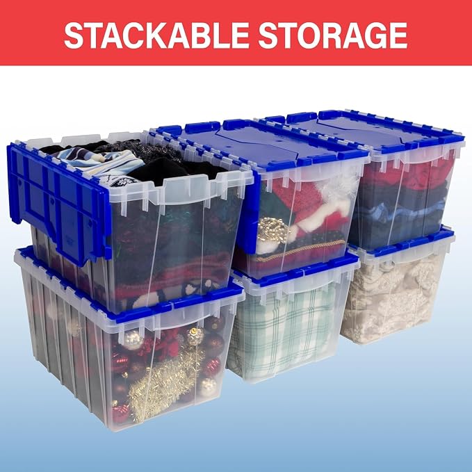 Akro-Mils KeepBox 12 Gallon Storage Container, Nesting and Stackable Plastic Storage Box with Lid Attached, Clear Tote for Garages, Closets, and Moving, 21-1/2" x 15" x 12-1/2", Clear/Red - Image 5
