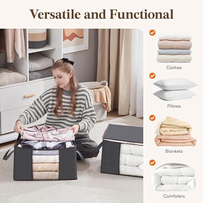 Lifewit 2 Pack 60L Clothes Storage Bins with Lids, Foldable Blanket Storage Bags with Zippers, Clear Window and Reinforced Handles, Closet and Organization for Clothing, Sweater, Comforter, Bedding