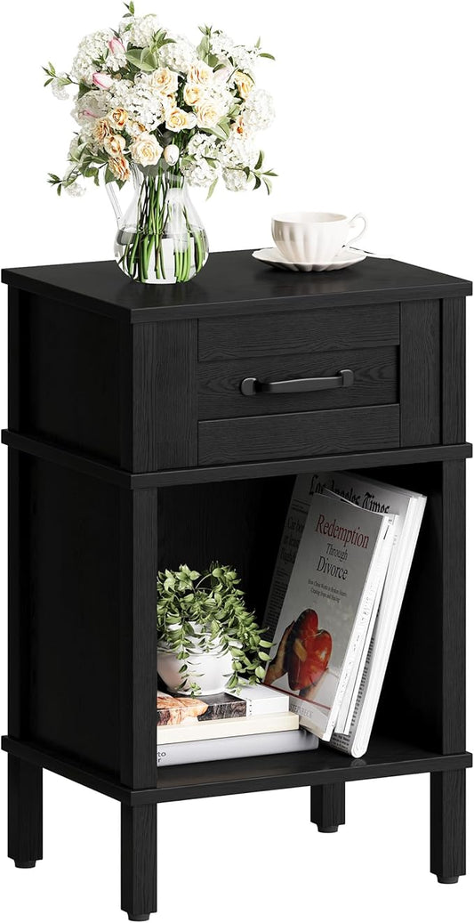 Farmhouse Nightstand with Drawer, Small Wood Side Table, Wooden Bedroom Nightstand, Wood Night Stand, Black Bedside Table with Storage, Black End Table for Living Room LET512B