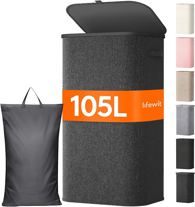 Lifewit 105L Large Laundry Basket with Lid, Laundry Hamper with Plastic Handles and Removable Bag, Foldable Tall Dirty Clothes Hampers for Laundry for Laundry Room, Bedroom, Bathroom, Dorm, Dark Gray by Lifewit