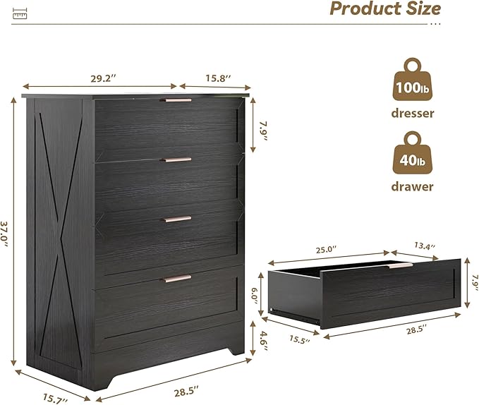 FTZxHKLX Modern 4 Drawer Dresser for Bedroom, Tall Bedroom Dresser with Large Drawer & Rose Gold Handles, Wooden Storage Organizer Cabinet Chest of Drawer for Closet, Living Room, Hallway, Black