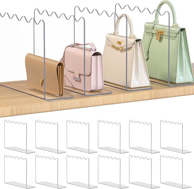 OKPOW Shelf Dividers Purse Organizer for Closet, 10" Tall X 12" Deep, Acrylic Clear, Sturdy Separators for Purse Clothes, Easy Install, Adjustable, Maximize Bedroom Space for Home Organizer, 12 Pack by OKPOW