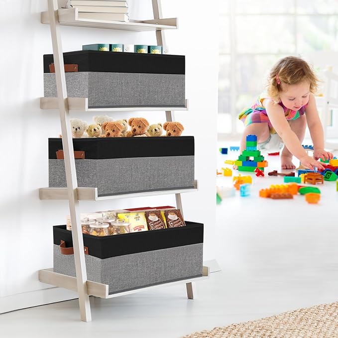 3 Pack Large Capacity Storage Bins Closet Organizer for Shelves, Fabric Closet Storage Baskets Boxes with Leather Handles for Organizing Clothes, Sheets, Jeans, Toys, Books (Black and Grey) - Image 2