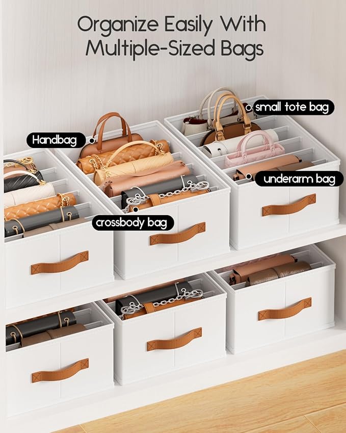 Homsorout Purse Organizer for Closet, Fabric Handbag Storage Organizer with Handles, Foldable Bag Organizer Drawer for Flat Handbags, Clothes, Towels or Pants, Closet Storage Organizer, White, 6 Pack - Image 4