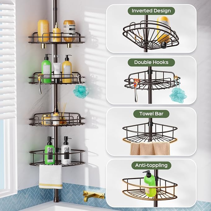 HAMITOR Shower Caddy Tension Pole: 4-Tier Rustproof Bathroom Corner Shelf Organizer for Renters - No Drill Large Shampoo Storage Rack Adjustable 47-121 Inch - Space Saving Bathtub Accessory - Bronze - Image 5